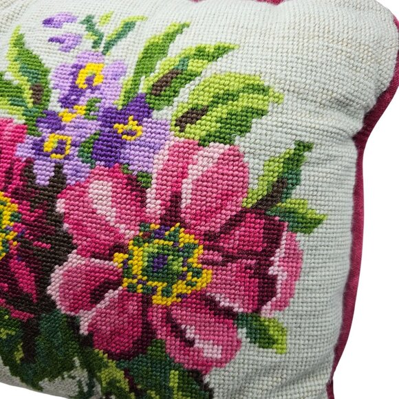 Vintage Floral Needlepoint Throw Pillow With Velvet Backing 11"x11" - Picture 3 of 16